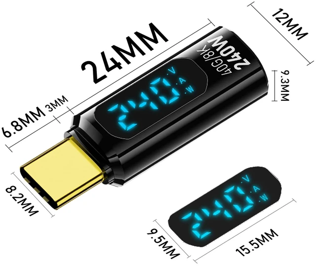 Alt view image 7 of 7 - 2 Pack USB C Adapter with Digital Display, Black | PD 240W USB-C Male to Female Connector, Support Voltage, Current and Power Smart LED Display