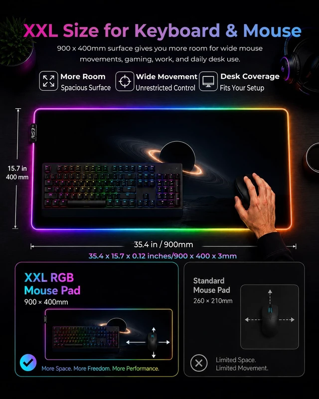 Alt view image 2 of 7 - RGB Mouse Pad XXL Gaming Desk Mat 19 Light Modes, 35.4 x 15.7IN | Smooth Surface, Full Desk Coverage, Stitched Edges, USB C, Non-Slip Rubber Base, Rollable Storage