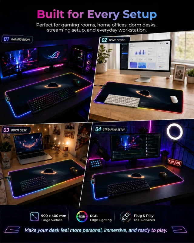 Alt view image 3 of 7 - RGB Mouse Pad XXL Gaming Desk Mat 19 Light Modes, 35.4 x 15.7IN | Smooth Surface, Full Desk Coverage, Stitched Edges, USB C, Non-Slip Rubber Base, Rollable Storage