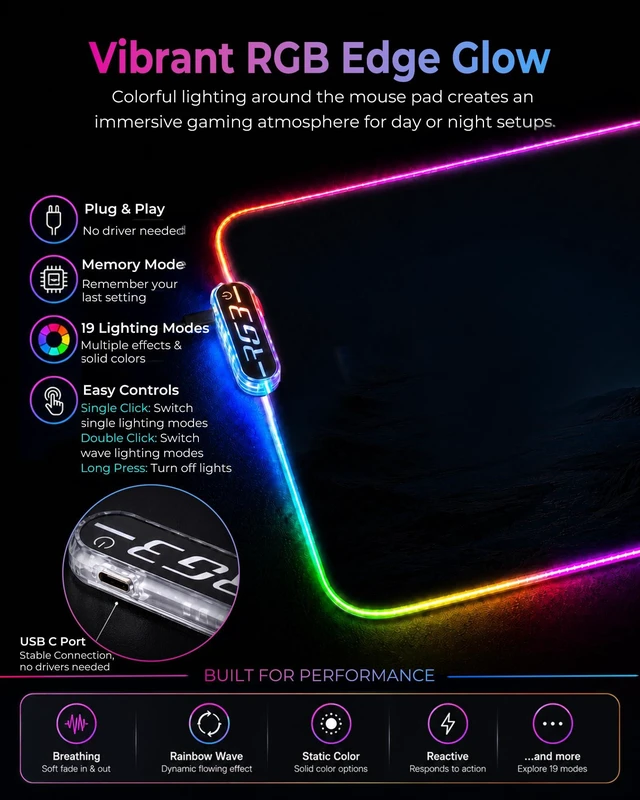 Alt view image 4 of 7 - RGB Mouse Pad XXL Gaming Desk Mat 19 Light Modes, 35.4 x 15.7IN | Smooth Surface, Full Desk Coverage, Stitched Edges, USB C, Non-Slip Rubber Base, Rollable Storage