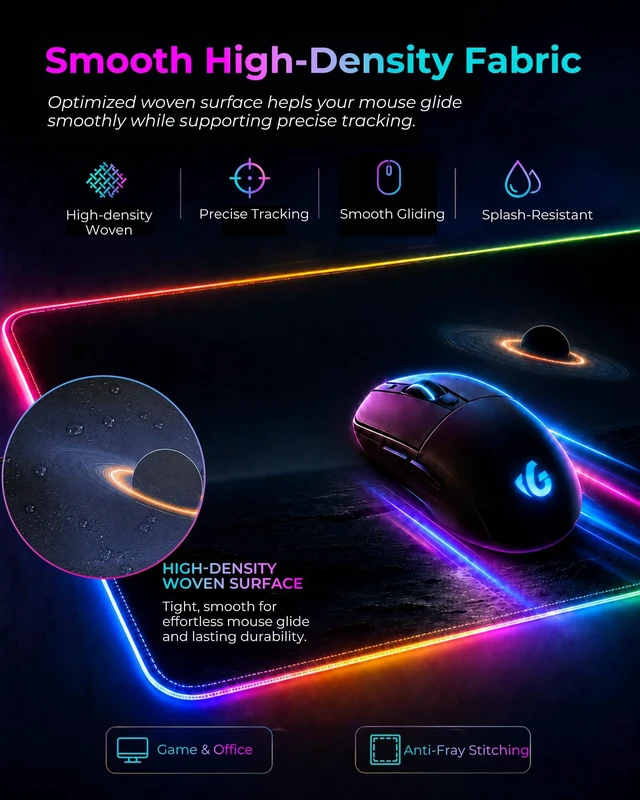 Alt view image 5 of 7 - RGB Mouse Pad XXL Gaming Desk Mat 19 Light Modes, 35.4 x 15.7IN | Smooth Surface, Full Desk Coverage, Stitched Edges, USB C, Non-Slip Rubber Base, Rollable Storage