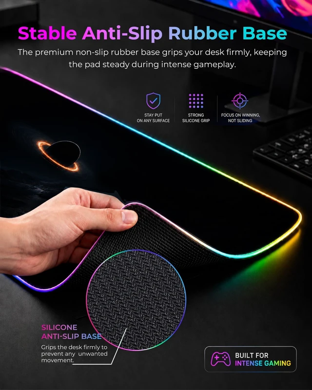 Alt view image 6 of 7 - RGB Mouse Pad XXL Gaming Desk Mat 19 Light Modes, 35.4 x 15.7IN | Smooth Surface, Full Desk Coverage, Stitched Edges, USB C, Non-Slip Rubber Base, Rollable Storage