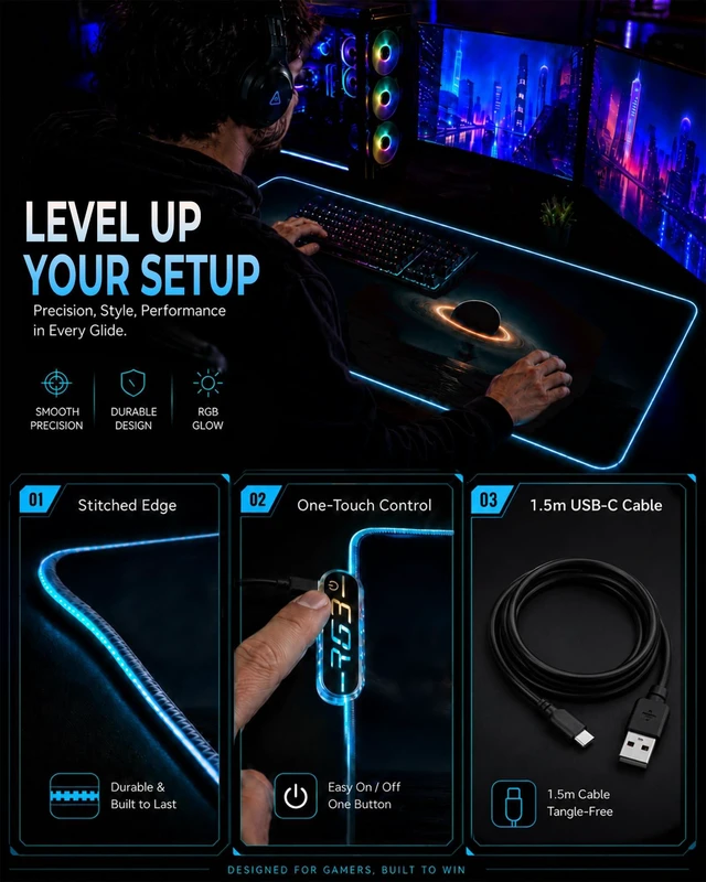 Alt view image 7 of 7 - RGB Mouse Pad XXL Gaming Desk Mat 19 Light Modes, 35.4 x 15.7IN | Smooth Surface, Full Desk Coverage, Stitched Edges, USB C, Non-Slip Rubber Base, Rollable Storage