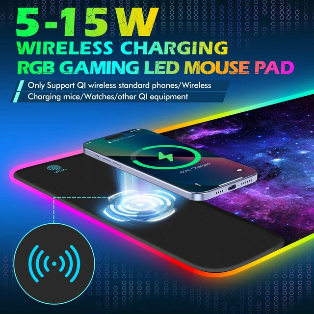 Alt view image 2 of 7 - RGB Gaming Wireless Charging Mouse Pad, 7.5/10/15W 10 Light Modes LED Mouse Pad Computer Keyboard Mat Mousepad, 800x300x4MM Extended Large Desk Mat for MacBook, Laptop, PC, Purple Galaxy Space