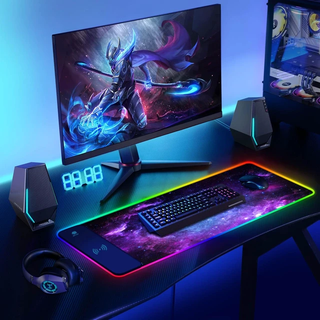Alt view image 6 of 7 - RGB Gaming Wireless Charging Mouse Pad, 7.5/10/15W 10 Light Modes LED Mouse Pad Computer Keyboard Mat Mousepad, 800x300x4MM Extended Large Desk Mat for MacBook, Laptop, PC, Purple Galaxy Space