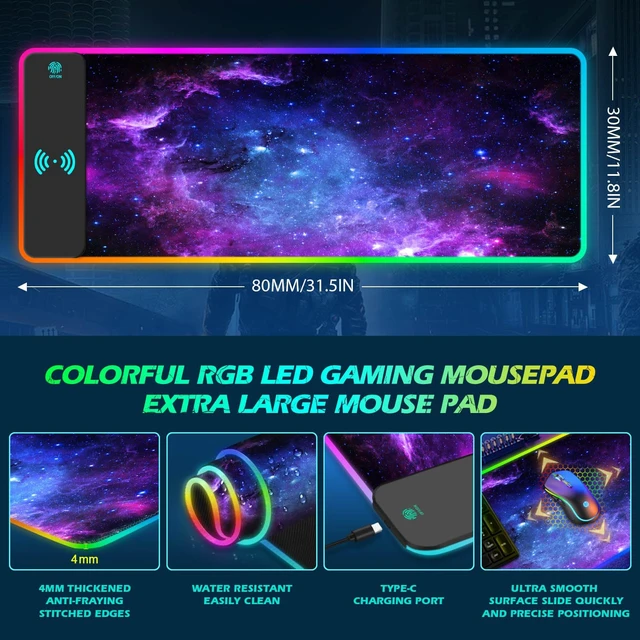 Alt view image 7 of 7 - RGB Gaming Wireless Charging Mouse Pad, 7.5/10/15W 10 Light Modes LED Mouse Pad Computer Keyboard Mat Mousepad, 800x300x4MM Extended Large Desk Mat for MacBook, Laptop, PC, Purple Galaxy Space