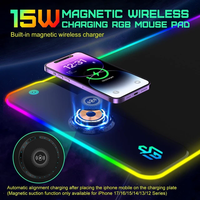 Alt view image 3 of 6 - RGB Gaming Mouse Pad with 15W Wireless Charging, LED Mouse Pad with 10 Light Modes, Extra Large Mousepad 800x300x4MM, Non-Slip Rubber Base Computer Keyboard Mat for Gaming, Desk