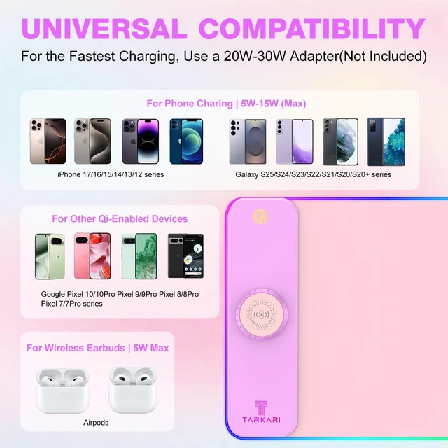 Alt view image 3 of 7 - 15W Magnetic Wireless Charging RGB Mouse Pad, 800x300mm Pink | Qi Fast Charging LED Mouse Mat, Magnetic Wireless Charger, 800x300mm, Non-Slip Waterproof Gaming Desk Mat, Pink