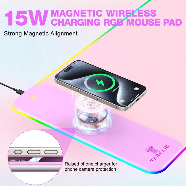 Alt view image 2 of 7 - 15W Magnetic Wireless Charging RGB Mouse Pad, 800x300mm Pink | Qi Fast Charging LED Mouse Mat, Magnetic Wireless Charger, 800x300mm, Non-Slip Waterproof Gaming Desk Mat, Pink