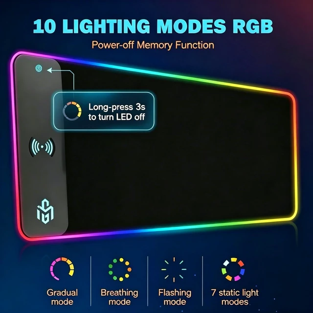 Alt view image 3 of 7 - Mouse Pad Gaming Wireless Charging, 800x300x4mm, Black | Supports wireless charging for smartphones and earbuds, features 10 RGB lighting modes. Dimensions: 31.5" L × 11.8" W.