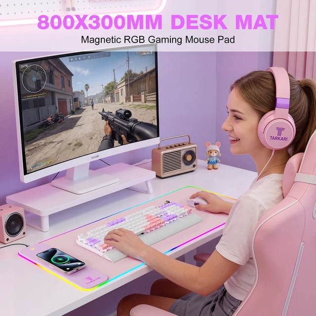 Alt view image 5 of 7 - 15W Magnetic Wireless Charging RGB Mouse Pad, 800x300mm Pink | Qi Fast Charging LED Mouse Mat, Magnetic Wireless Charger, 800x300mm, Non-Slip Waterproof Gaming Desk Mat, Pink