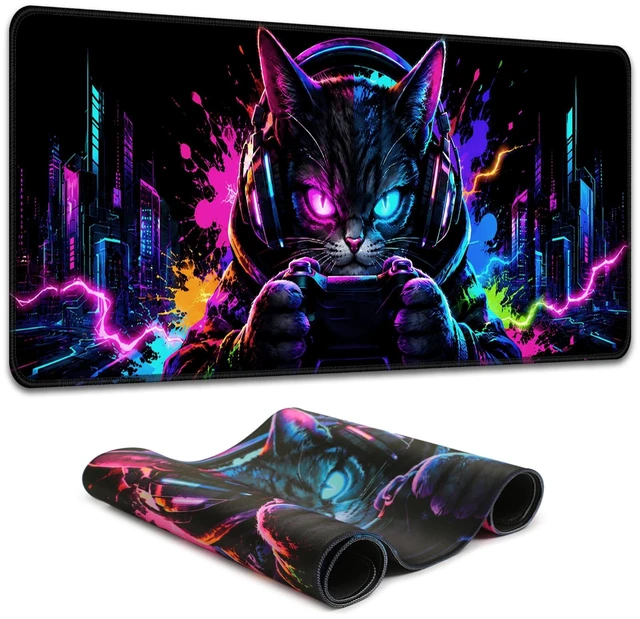 Main image of Blacklight Cat Large Gaming Mouse Pad for Desk, Keyboard Mat | 31.5" x 11.8" Extended Waterproof Surface, Cyberpunk City Art, UV Reactive Neon Glow, Non-Slip Rubber Base, Home Office