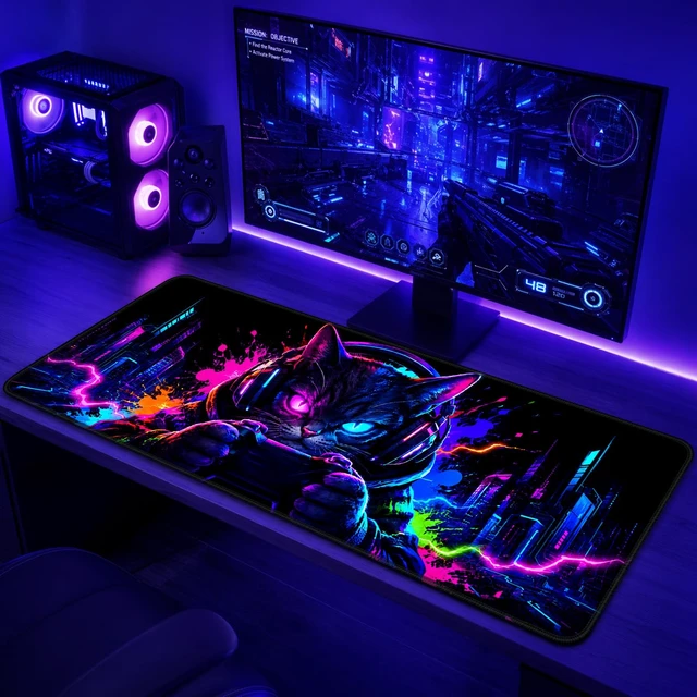 Alt view image 2 of 7 - Blacklight Cat Large Gaming Mouse Pad for Desk, Keyboard Mat | 31.5" x 11.8" Extended Waterproof Surface, Cyberpunk City Art, UV Reactive Neon Glow, Non-Slip Rubber Base, Home Office