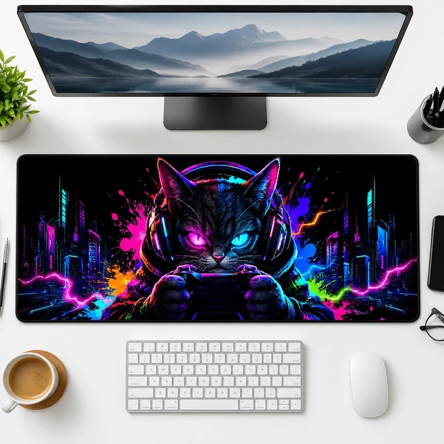 Alt view image 3 of 7 - Blacklight Cat Large Gaming Mouse Pad for Desk, Keyboard Mat | 31.5" x 11.8" Extended Waterproof Surface, Cyberpunk City Art, UV Reactive Neon Glow, Non-Slip Rubber Base, Home Office
