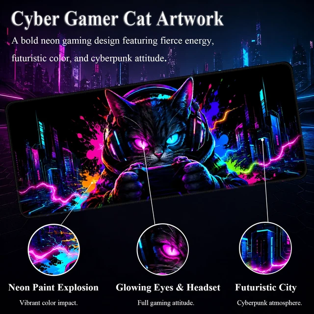 Alt view image 5 of 7 - Blacklight Cat Large Gaming Mouse Pad for Desk, Keyboard Mat | 31.5" x 11.8" Extended Waterproof Surface, Cyberpunk City Art, UV Reactive Neon Glow, Non-Slip Rubber Base, Home Office