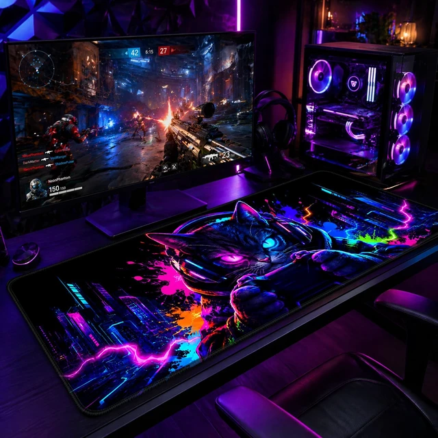 Alt view image 4 of 7 - Blacklight Cat Large Gaming Mouse Pad for Desk, Keyboard Mat | 31.5" x 11.8" Extended Waterproof Surface, Cyberpunk City Art, UV Reactive Neon Glow, Non-Slip Rubber Base, Home Office