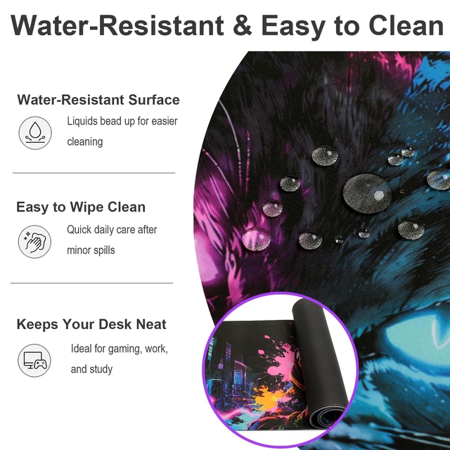 Alt view image 7 of 7 - Blacklight Cat Large Gaming Mouse Pad for Desk, Keyboard Mat | 31.5" x 11.8" Extended Waterproof Surface, Cyberpunk City Art, UV Reactive Neon Glow, Non-Slip Rubber Base, Home Office