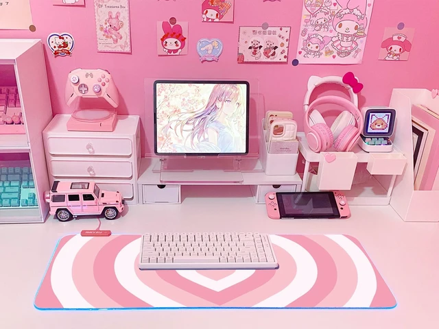 Alt view image 6 of 6 - Pink Love Heart RGB Gaming Mouse Pad 31.5x12 Inch Cute Mousepad PC XL Large Extended Glowing Led Light Up Desk Pad Non-Slip Rubber Base Computer Mat Desk Accessories Gaming Setup