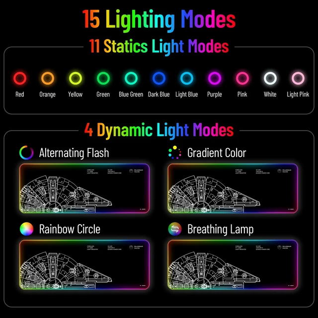 Alt view image 3 of 7 - Desk Mat for Keyboard Extra Large Gaming RGB Mouse Pad, Wars | LED Desktop Mat, 14 Light, Cute, Computer, Desk Top. XL, XXL Long, Big, Cool, Modern, Design, Unique, for Men, Boys, Gamer