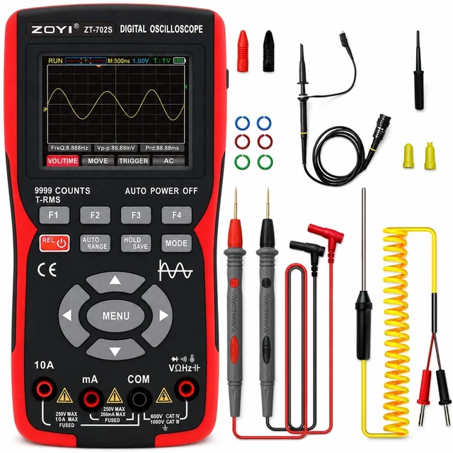 Main image of 702S 2 in 1 Handheld Automotive Oscilloscope Multimeter - 10MHz Bandwidth 48MS/s Sampling Rate,Auto-Ranging 9999 Counts T-RMS Multimeter with Temperature Tester for Electronics Repair Test