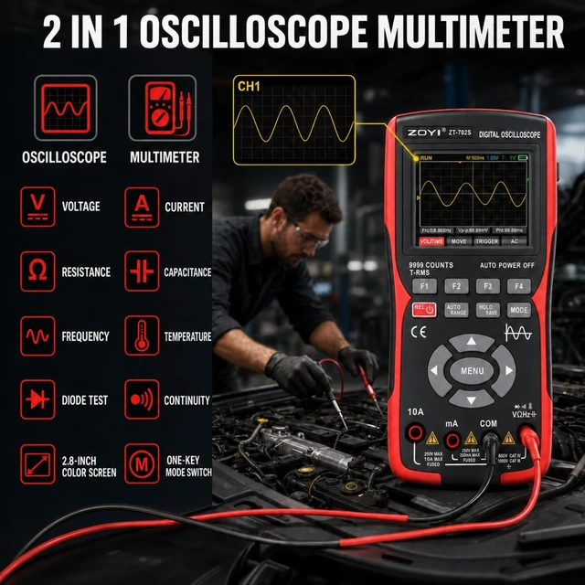 Alt view image 2 of 7 - 702S 2 in 1 Handheld Automotive Oscilloscope Multimeter - 10MHz Bandwidth 48MS/s Sampling Rate,Auto-Ranging 9999 Counts T-RMS Multimeter with Temperature Tester for Electronics Repair Test