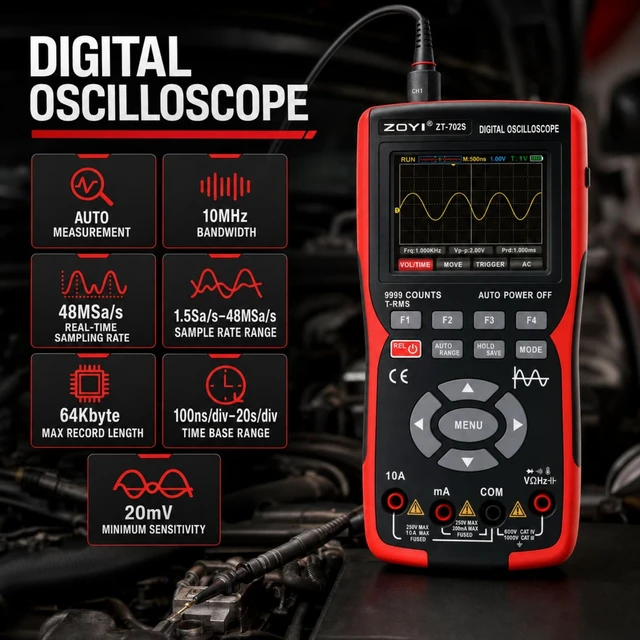 Alt view image 3 of 7 - 702S 2 in 1 Handheld Automotive Oscilloscope Multimeter - 10MHz Bandwidth 48MS/s Sampling Rate,Auto-Ranging 9999 Counts T-RMS Multimeter with Temperature Tester for Electronics Repair Test