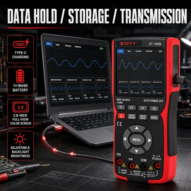 Alt view image 6 of 7 - 702S 2 in 1 Handheld Automotive Oscilloscope Multimeter - 10MHz Bandwidth 48MS/s Sampling Rate,Auto-Ranging 9999 Counts T-RMS Multimeter with Temperature Tester for Electronics Repair Test