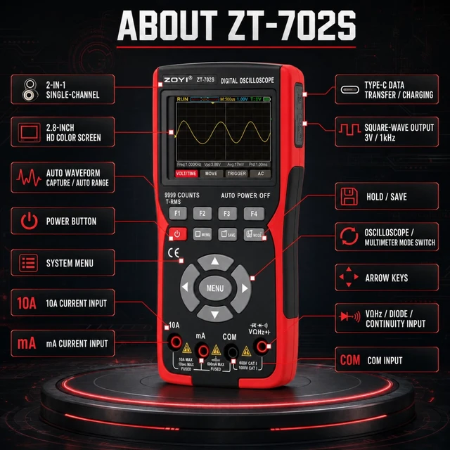 Alt view image 7 of 7 - 702S 2 in 1 Handheld Automotive Oscilloscope Multimeter - 10MHz Bandwidth 48MS/s Sampling Rate,Auto-Ranging 9999 Counts T-RMS Multimeter with Temperature Tester for Electronics Repair Test