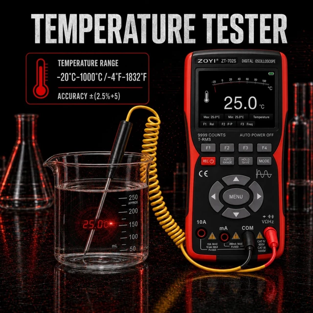 Alt view image 5 of 7 - 702S 2 in 1 Handheld Automotive Oscilloscope Multimeter - 10MHz Bandwidth 48MS/s Sampling Rate,Auto-Ranging 9999 Counts T-RMS Multimeter with Temperature Tester for Electronics Repair Test