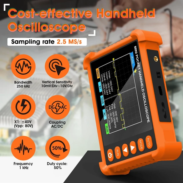 Alt view image 2 of 7 - Mini Handheld Digital Oscilloscope - 250 kHz Bandwidth, 2.5 MSa/s Sampling, 2.8" LCD, AUTO/Normal/Single Trigger, ±40 V Input (X1), Portable Pocket Scope for Electronics Repair & Education