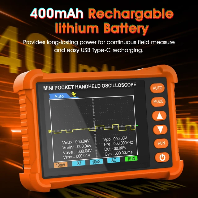 Alt view image 3 of 7 - Mini Handheld Digital Oscilloscope - 250 kHz Bandwidth, 2.5 MSa/s Sampling, 2.8" LCD, AUTO/Normal/Single Trigger, ±40 V Input (X1), Portable Pocket Scope for Electronics Repair & Education