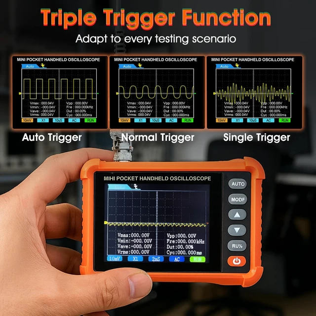Alt view image 4 of 7 - Mini Handheld Digital Oscilloscope - 250 kHz Bandwidth, 2.5 MSa/s Sampling, 2.8" LCD, AUTO/Normal/Single Trigger, ±40 V Input (X1), Portable Pocket Scope for Electronics Repair & Education