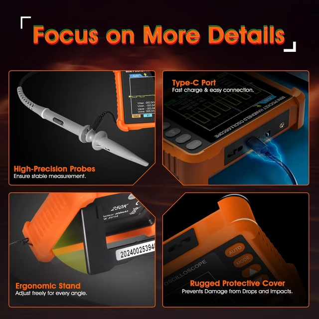 Alt view image 7 of 7 - Mini Handheld Digital Oscilloscope - 250 kHz Bandwidth, 2.5 MSa/s Sampling, 2.8" LCD, AUTO/Normal/Single Trigger, ±40 V Input (X1), Portable Pocket Scope for Electronics Repair & Education