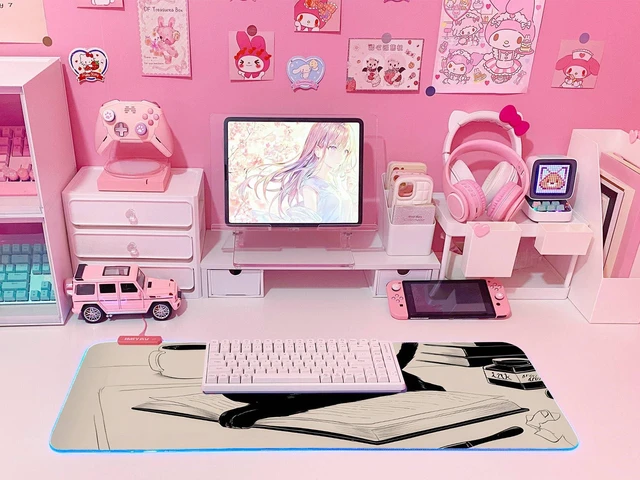 Alt view image 6 of 6 - Pink RGB Gaming Mouse Pad 31.5x12 Inch PC XL Large Extended Glowing Led Light Up Desk Pad Non-Slip Rubber Base Computer Cute Mousepad Mat Desk Accessories Gaming Setup 810
