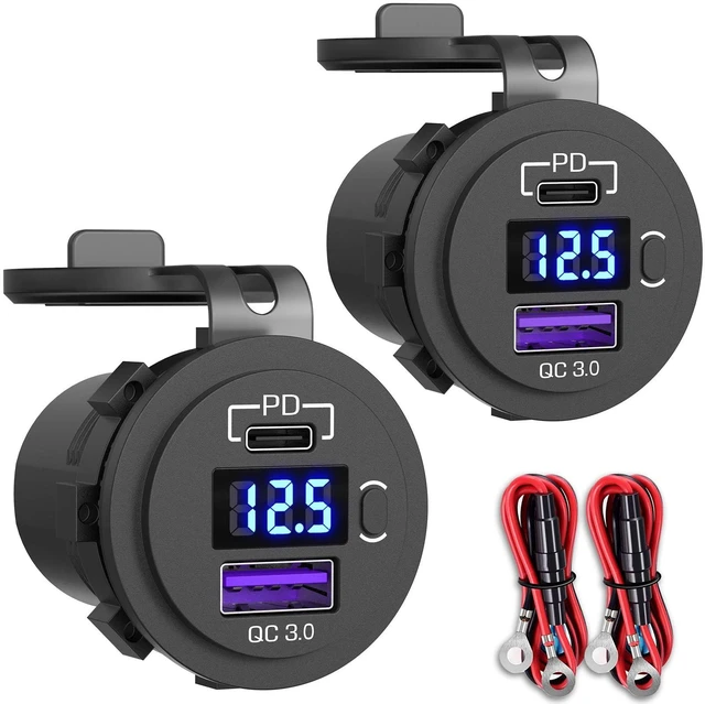 Main image of 2 Pack PD3.0 20W and QC3.0 18W USB C Car Charger With LED Voltmeter and ON/Off Switch for Boat, RV, Truck, Golf Cart, Motorcycle