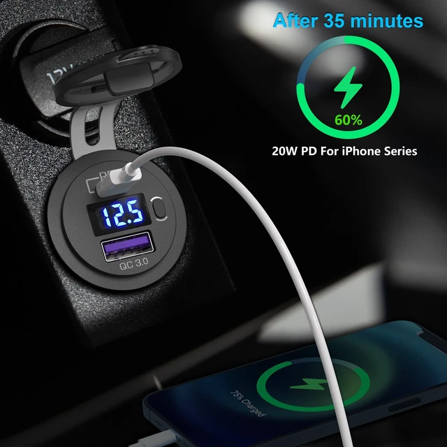 Alt view image 2 of 7 - 2 Pack PD3.0 20W and QC3.0 18W USB C Car Charger With LED Voltmeter and ON/Off Switch for Boat, RV, Truck, Golf Cart, Motorcycle