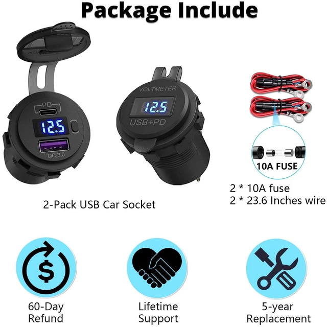 Alt view image 7 of 7 - 2 Pack PD3.0 20W and QC3.0 18W USB C Car Charger With LED Voltmeter and ON/Off Switch for Boat, RV, Truck, Golf Cart, Motorcycle