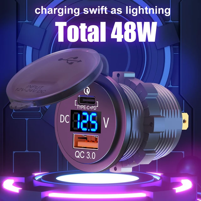 Alt view image 2 of 7 - 48W 12V USB Outlet USB C Car Socket, PD 30W and QC 18W Car Ports Waterproof Cigarette Lighter Replacement Car Charger Power Outlet with LED Digital Voltmeter for Boat Marine Truck Golf RV, etc.