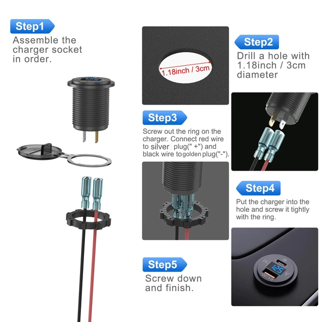 Alt view image 6 of 7 - 48W 12V USB Outlet USB C Car Socket, PD 30W and QC 18W Car Ports Waterproof Cigarette Lighter Replacement Car Charger Power Outlet with LED Digital Voltmeter for Boat Marine Truck Golf RV, etc.