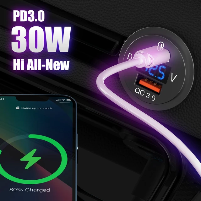 Alt view image 3 of 7 - 48W 12V USB Outlet USB C Car Socket, PD 30W and QC 18W Car Ports Waterproof Cigarette Lighter Replacement Car Charger Power Outlet with LED Digital Voltmeter for Boat Marine Truck Golf RV, etc.