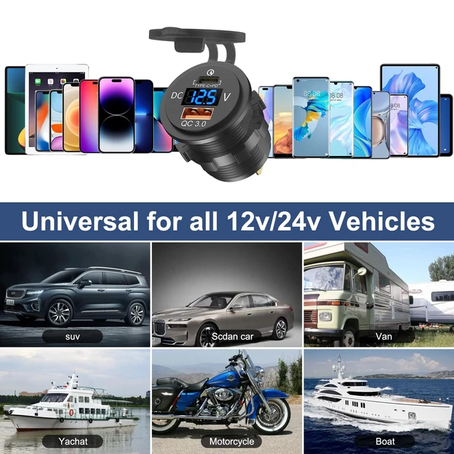 Alt view image 7 of 7 - 48W 12V USB Outlet USB C Car Socket, PD 30W and QC 18W Car Ports Waterproof Cigarette Lighter Replacement Car Charger Power Outlet with LED Digital Voltmeter for Boat Marine Truck Golf RV, etc.