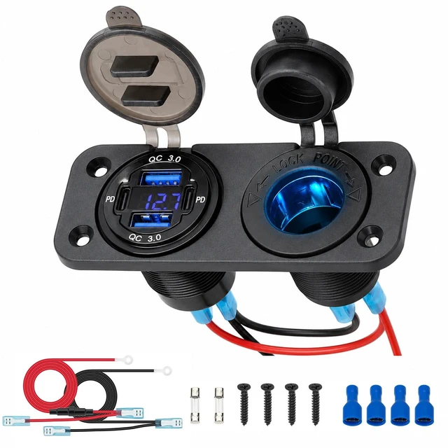 Main image of 12V Marine USB-C Panel with Voltmeter and Cigarette Lighter Socket | 4-Port Dual PD 30W and dual QC 18W ports with 150W blue cigarette lighter socket for boats, RVs, ATVs, and trucks
