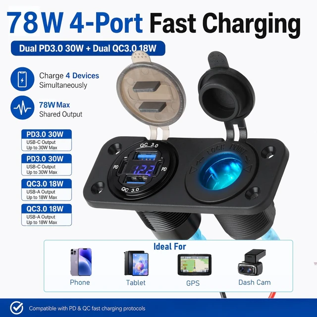 Alt view image 2 of 7 - 12V Marine USB-C Panel with Voltmeter and Cigarette Lighter Socket | 4-Port Dual PD 30W and dual QC 18W ports with 150W blue cigarette lighter socket for boats, RVs, ATVs, and trucks