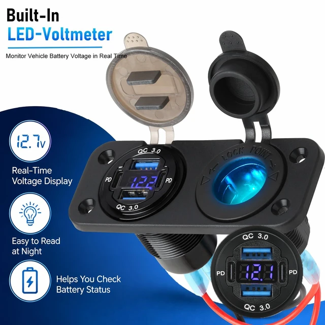 Alt view image 4 of 7 - 12V Marine USB-C Panel with Voltmeter and Cigarette Lighter Socket | 4-Port Dual PD 30W and dual QC 18W ports with 150W blue cigarette lighter socket for boats, RVs, ATVs, and trucks