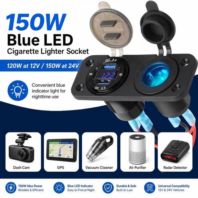 Alt view image 3 of 7 - 12V Marine USB-C Panel with Voltmeter and Cigarette Lighter Socket | 4-Port Dual PD 30W and dual QC 18W ports with 150W blue cigarette lighter socket for boats, RVs, ATVs, and trucks
