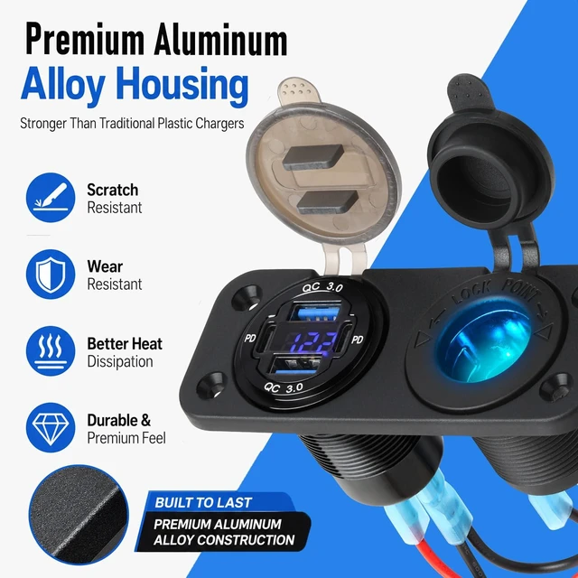 Alt view image 5 of 7 - 12V Marine USB-C Panel with Voltmeter and Cigarette Lighter Socket | 4-Port Dual PD 30W and dual QC 18W ports with 150W blue cigarette lighter socket for boats, RVs, ATVs, and trucks