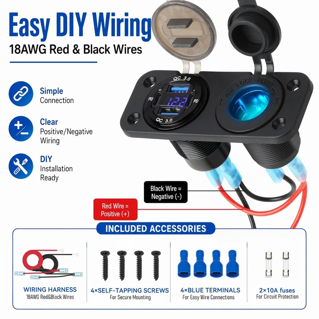 Alt view image 6 of 7 - 12V Marine USB-C Panel with Voltmeter and Cigarette Lighter Socket | 4-Port Dual PD 30W and dual QC 18W ports with 150W blue cigarette lighter socket for boats, RVs, ATVs, and trucks