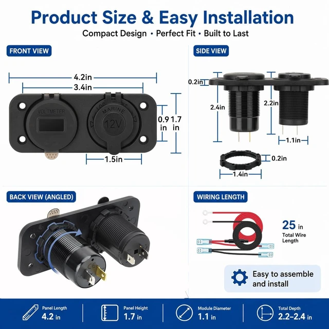 Alt view image 7 of 7 - 12V Marine USB-C Panel with Voltmeter and Cigarette Lighter Socket | 4-Port Dual PD 30W and dual QC 18W ports with 150W blue cigarette lighter socket for boats, RVs, ATVs, and trucks
