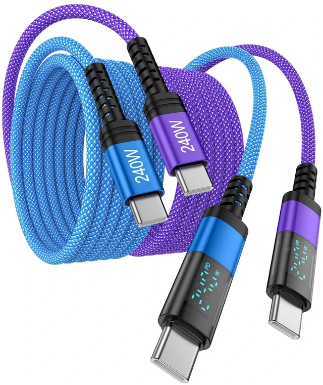 Main image of 240W USB C to USB C Cable 6ft Type C Fast Charging Cord with LED Display | Braided USB C Charging Cords for Samsung Galaxy S26 Ultra S25 FE S24 A37 A36 A57 A56 A17 A16, iPhone 17 16 Pro Max, 2Pack