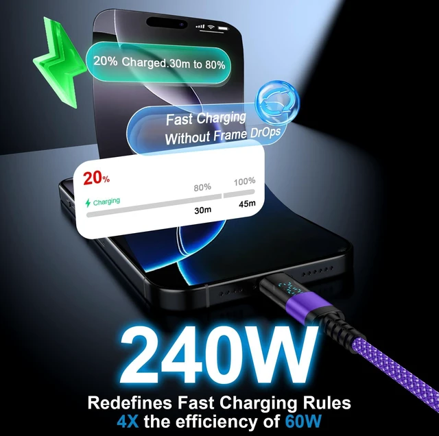 Alt view image 2 of 7 - 240W USB C to USB C Cable 6ft Type C Fast Charging Cord with LED Display | Braided USB C Charging Cords for Samsung Galaxy S26 Ultra S25 FE S24 A37 A36 A57 A56 A17 A16, iPhone 17 16 Pro Max, 2Pack